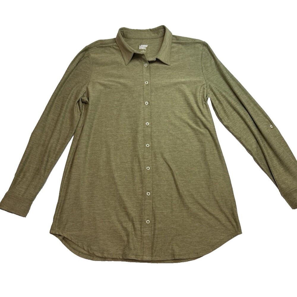 Lands End Button Down Knit Blouse Army Green Long Roll Tab Sleeves Womens Large